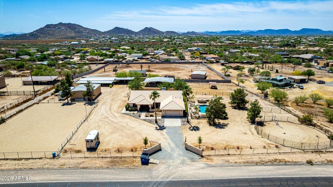 Aerial - Front of property - Mountain Views ALL AROUND and access to nearby hiking/riding trails