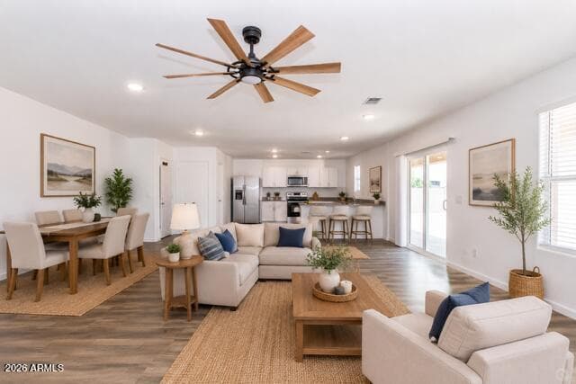 Virtually staged living and dining area