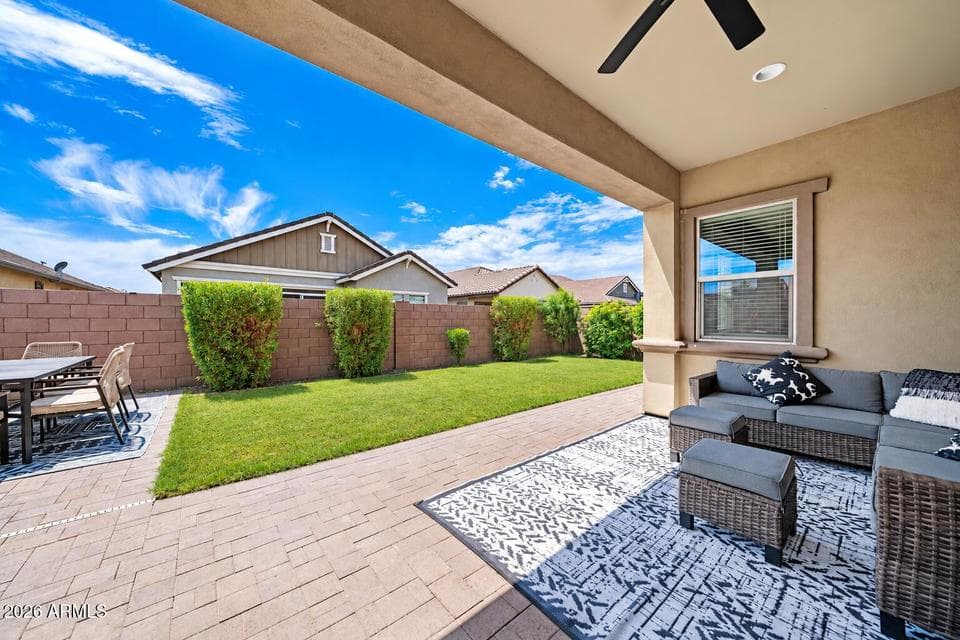 Real grass backyard patio view