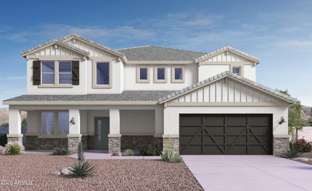 Exterior Elevation "F"-Rendering does not reflect exterior paint color, stone veneer, or roof tile color