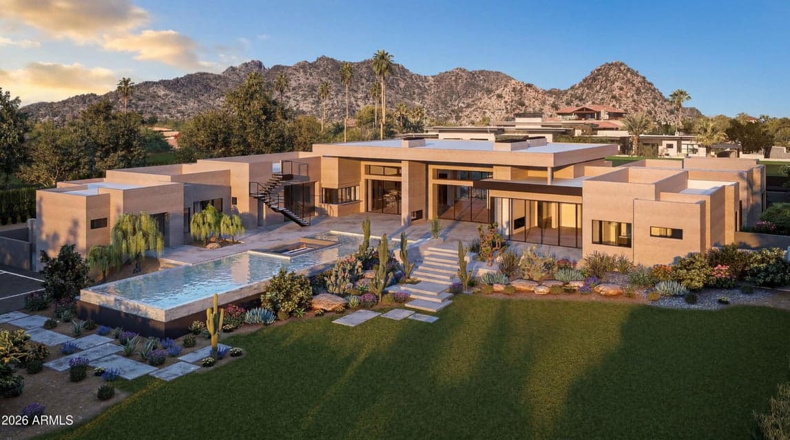 Commanding views of the nearby Phoenix Mountain Preserve, Camelback Mountain and Phoenix city lights. A private, acre-plus property, designed and built by temac development. (conceptual rendering)