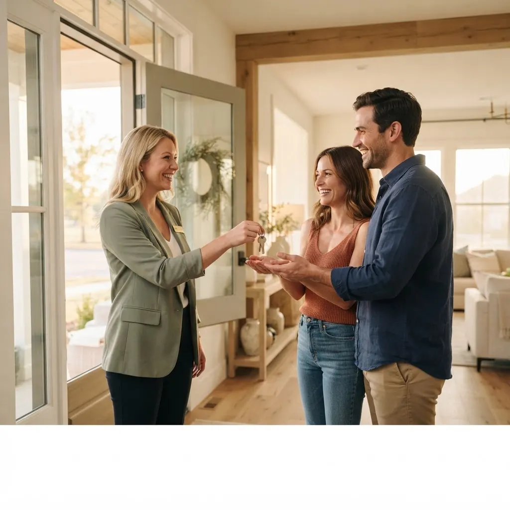 A realtor handing keys to a happy couple in a sunlit home