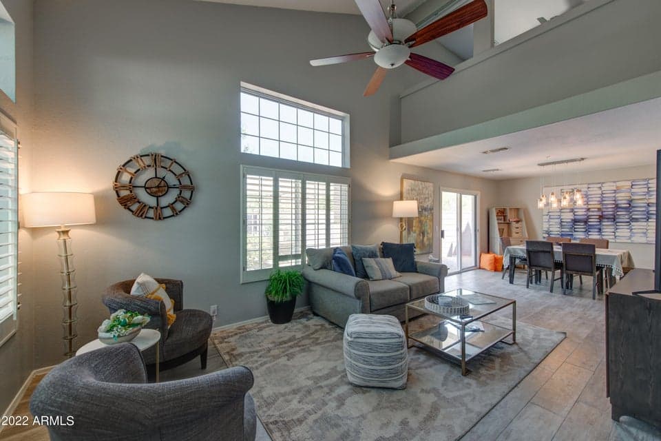 Comfy living area with high ceilings