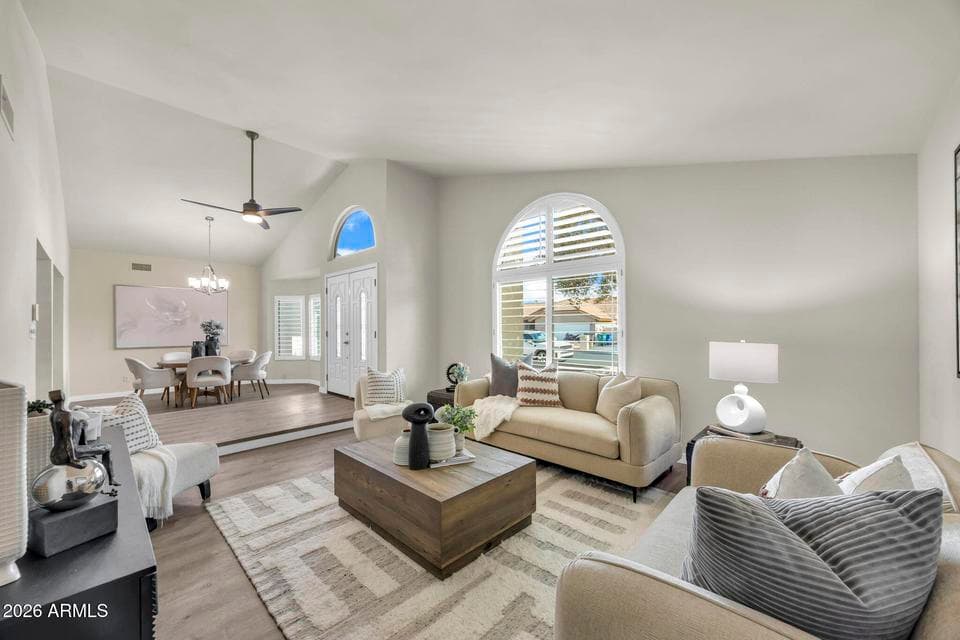 Beautiful living room with white plantation shutters