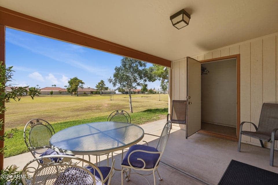 Covered Patio with Golf Views and storage room